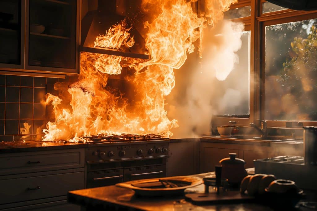 A kitchen fire in a suburban home