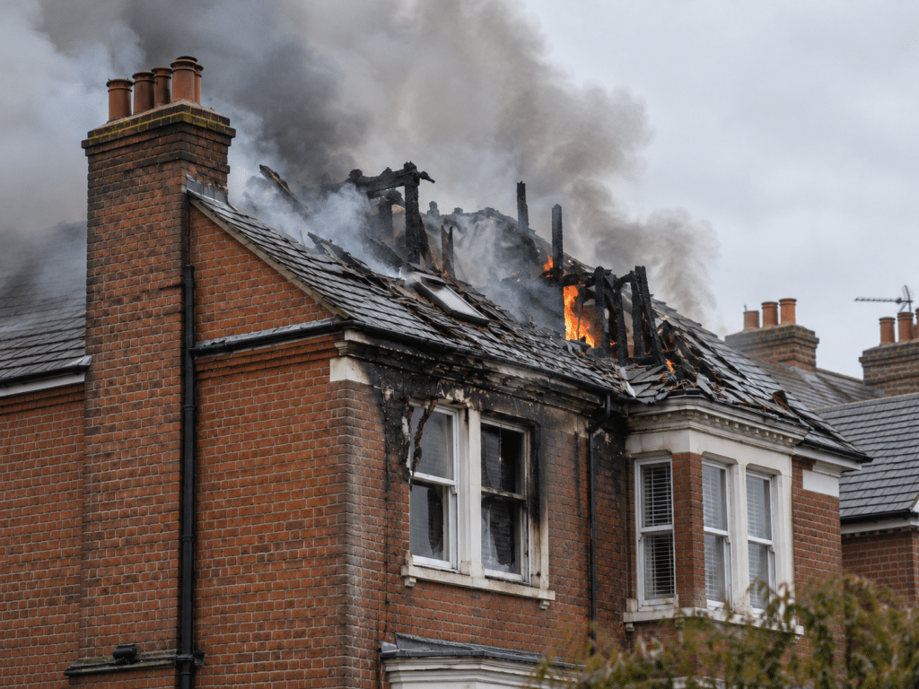 Smoke rising from a severely fire-damaged UK house roof, with charred rafters, broken tiles and soot-stained brickwork visible.