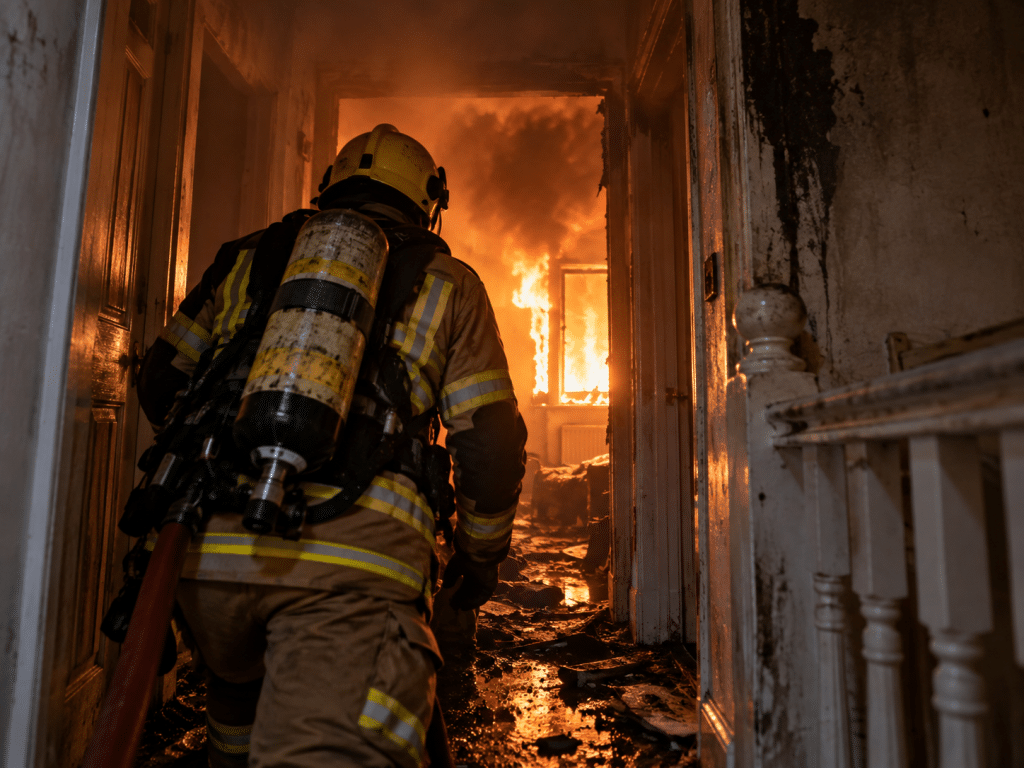 Firefighter wearing breathing apparatus entering a smoke-filled, fire-damaged house corridor with flames burning in a room ahead.