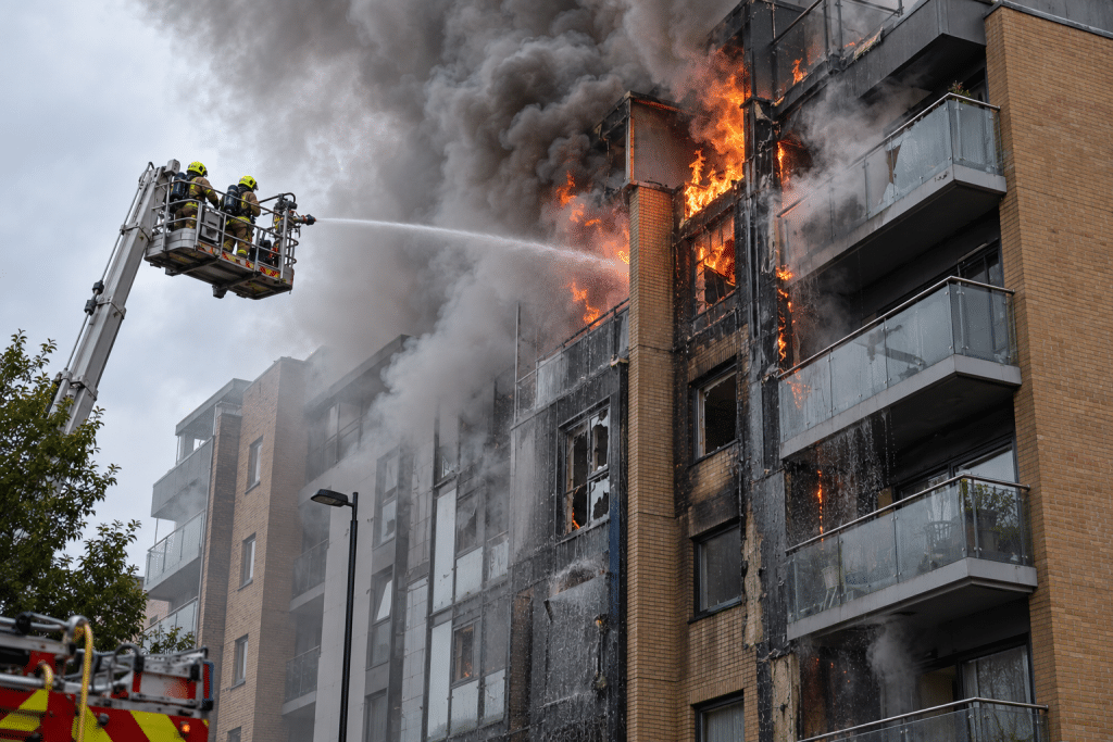 Firefighters on an aerial platform spraying water onto a multi-storey apartment building engulfed in flames and thick smoke.