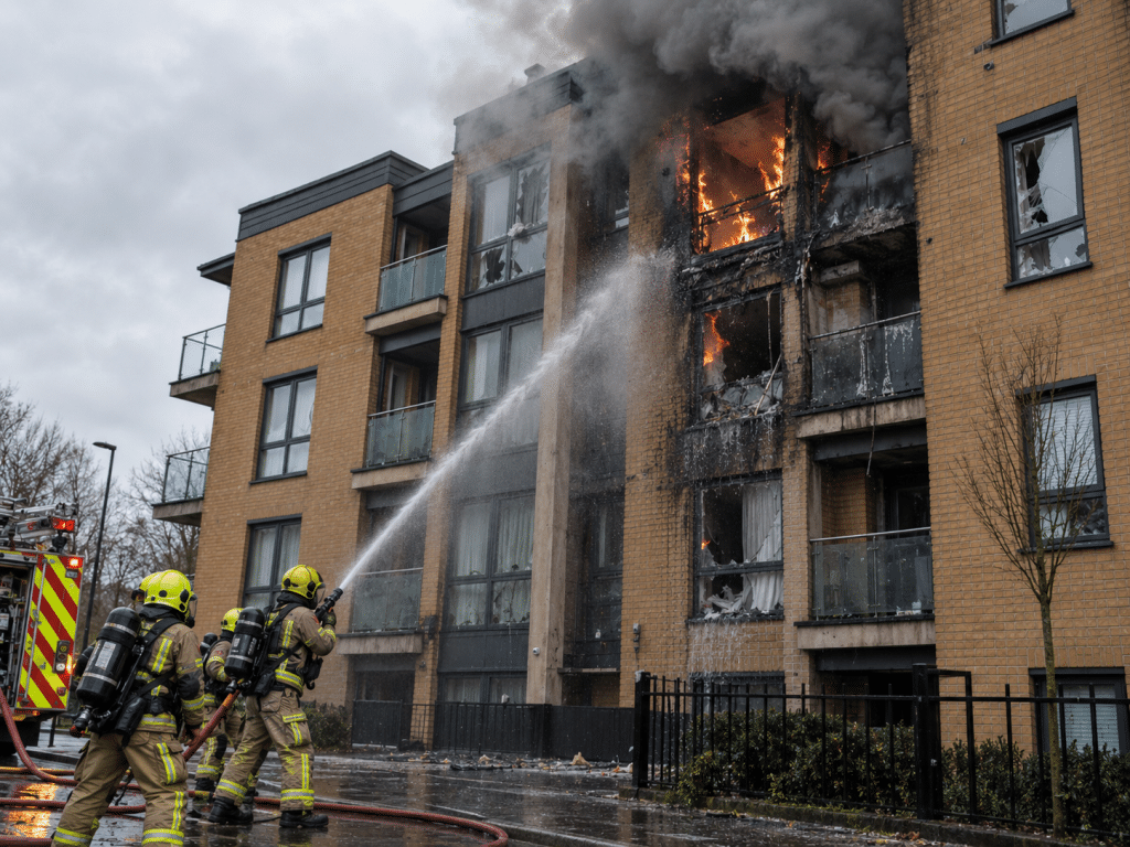 Firefighters using a hose to tackle a serious fire in a multi-storey apartment building, with flames, smoke and fire damage visible across several floors.