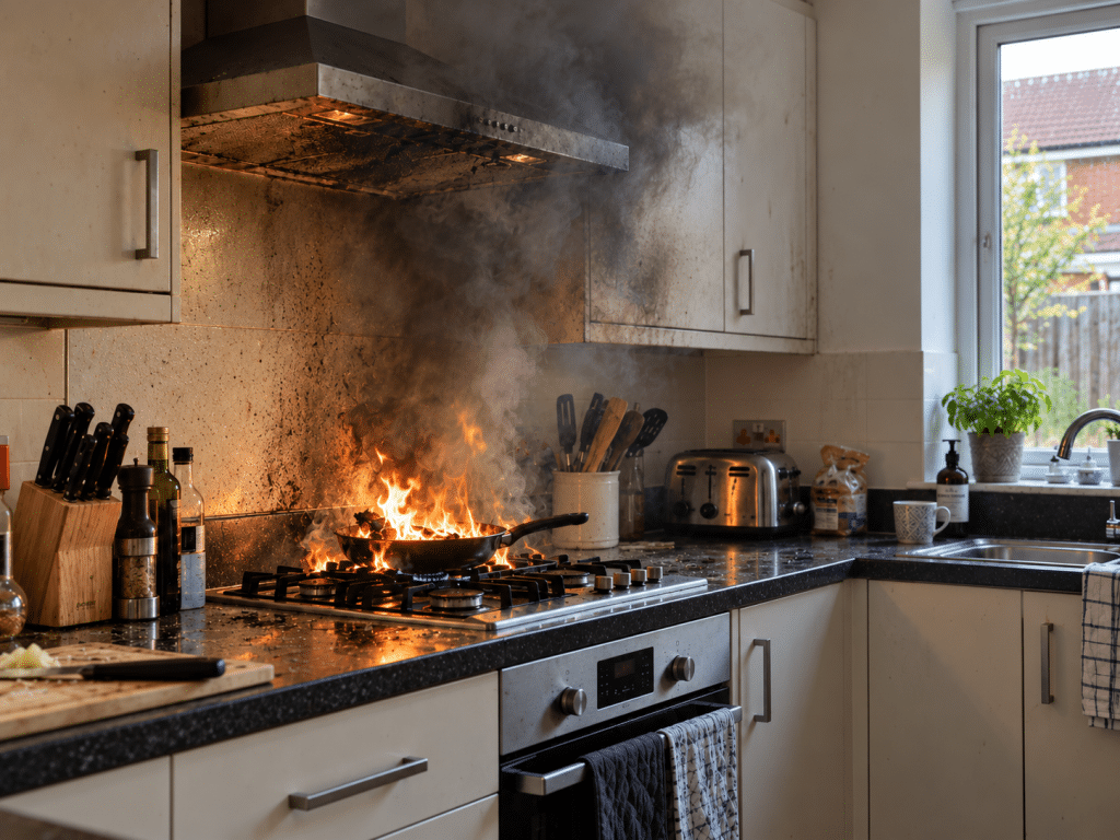 Kitchen pan fire producing flames and thick smoke, with soot damage visible around the cooker and extractor hood in a UK home.