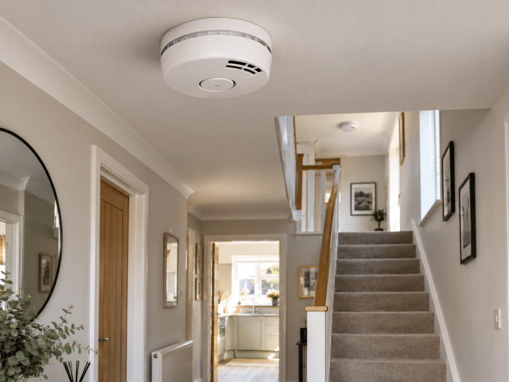Close-up of a ceiling-mounted smoke alarm in a modern UK hallway, with another alarm visible on the upstairs landing near the staircase.