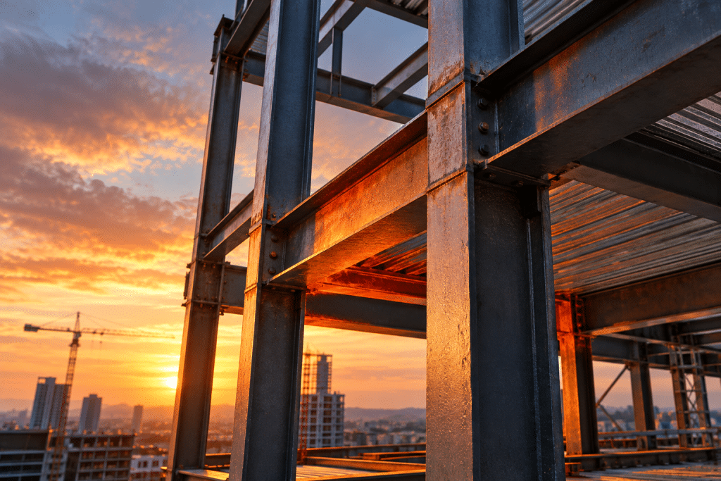 Exposed structural steel frame of a multi-storey building under construction, highlighting the importance of protecting steel from heat during a fire.