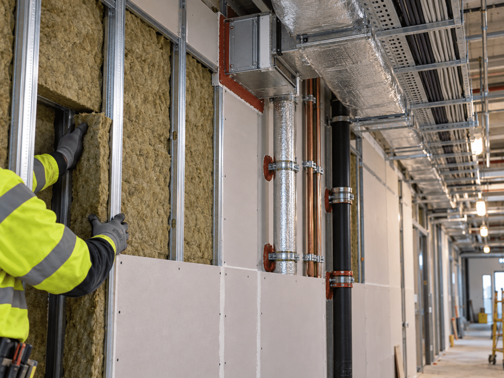 Worker installing mineral wool insulation within a fire-rated metal stud partition, with fire-resistant boards and sealed service penetrations visible during construction.