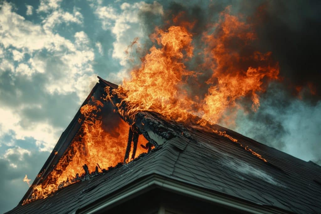 Flames engulf a burning attic with smoke billowing into the sky during a fire incident