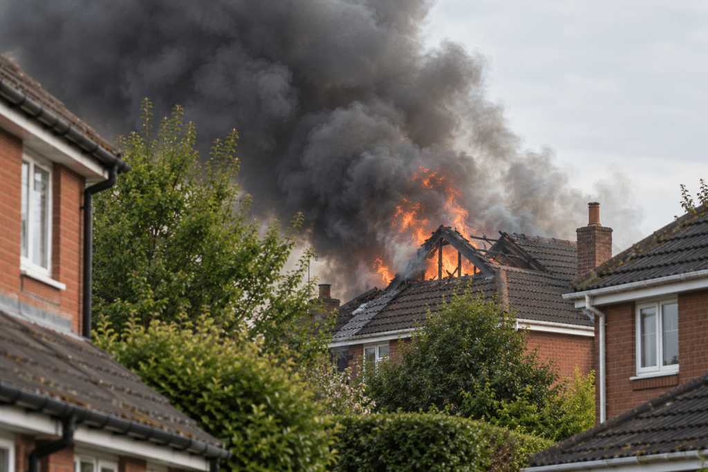 House roof and loft engulfed in flames, with thick black smoke rising above neighbouring suburban homes and garden trees.