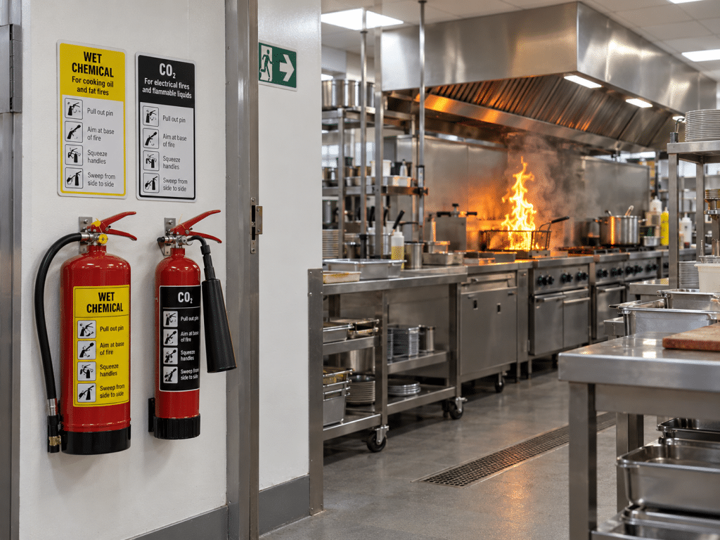 Wet chemical and CO₂ fire extinguishers mounted near a commercial kitchen exit, with a deep-fat fryer fire visible safely in the background.