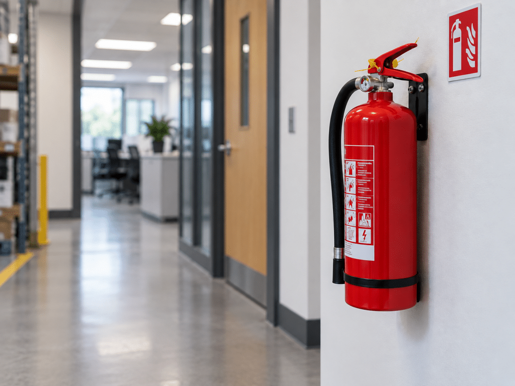 Wall-mounted fire extinguisher in a modern office corridor, positioned beneath a fire extinguisher safety sign.
