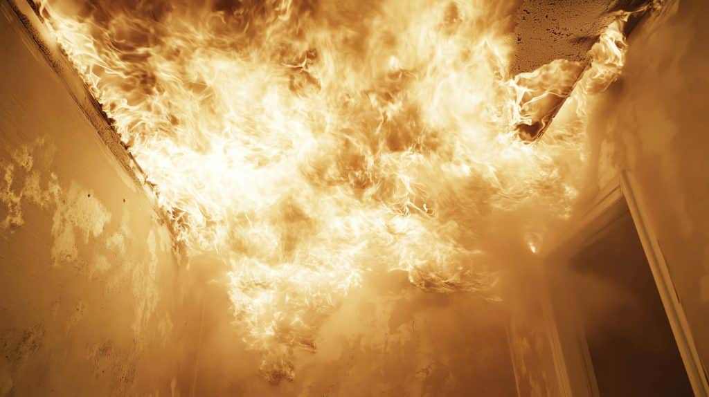 Intense flames engulfing the ceiling and walls of an interior space, depicting a dangerous fire situation.