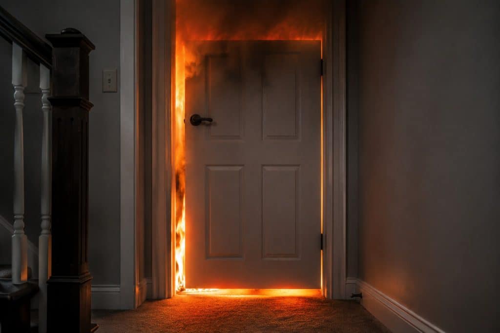 Smoke and flames behind closed door