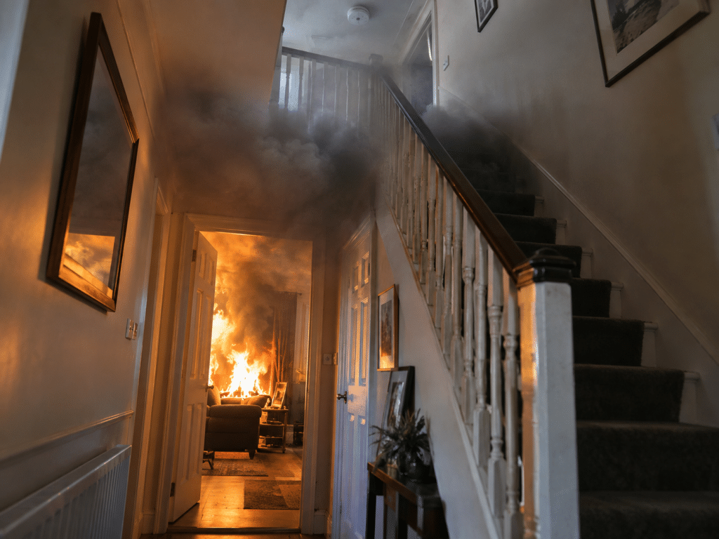 Fire and thick smoke rising from a ground-floor room into the hallway and staircase of a UK home, showing how fire spreads upwards.