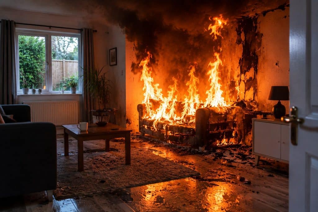 Living room sofa engulfed in flames