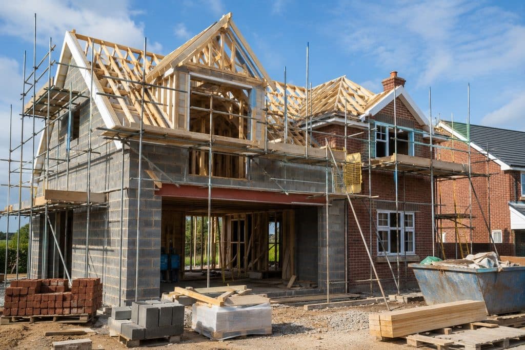 New house construction on a sunny day
