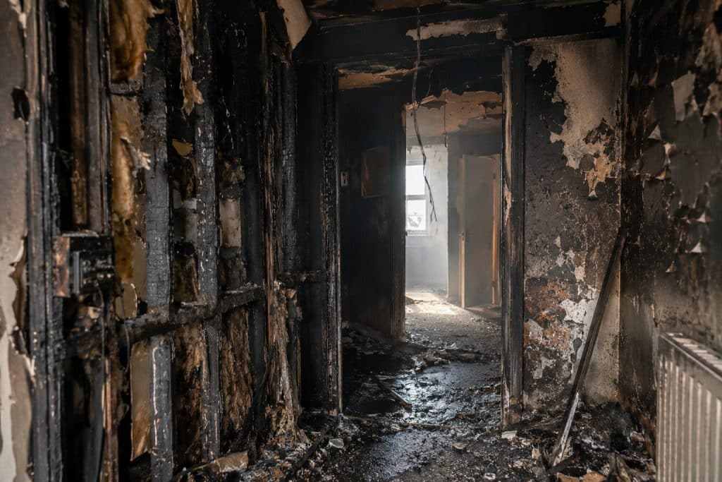 Ruined corridor destroyed by a fire