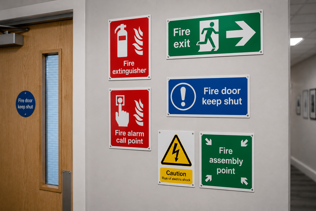 Safety signs on a modern hallway wall