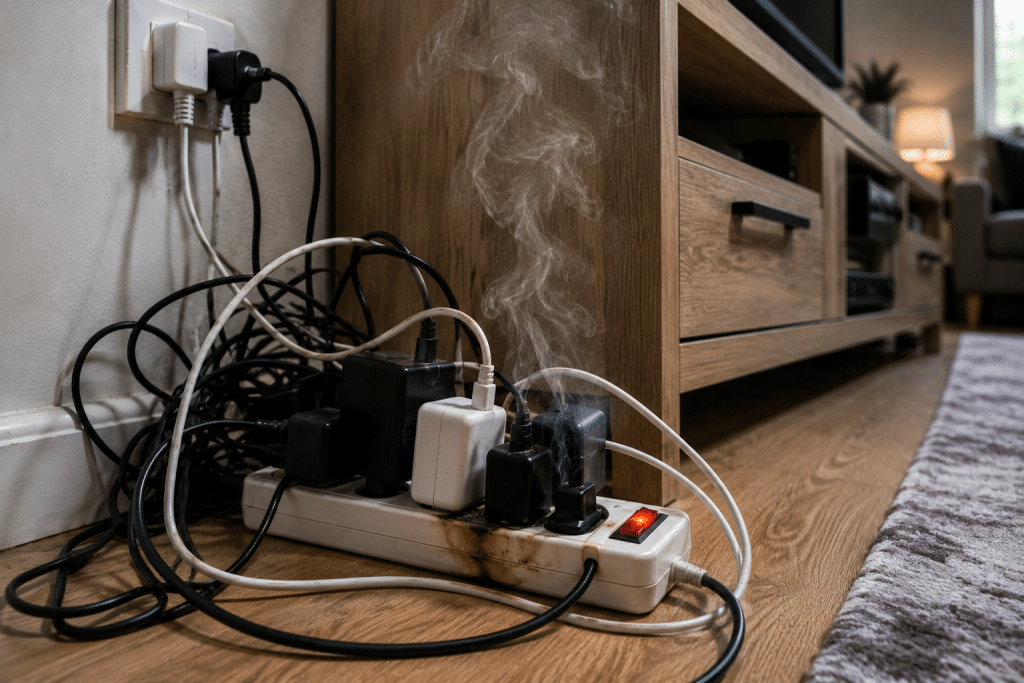 Overheated power strip in cluttered living room