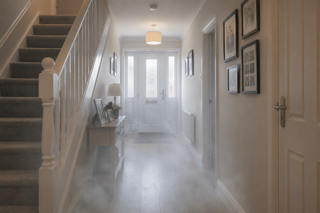 Smoke-filled hallway with neutral decor