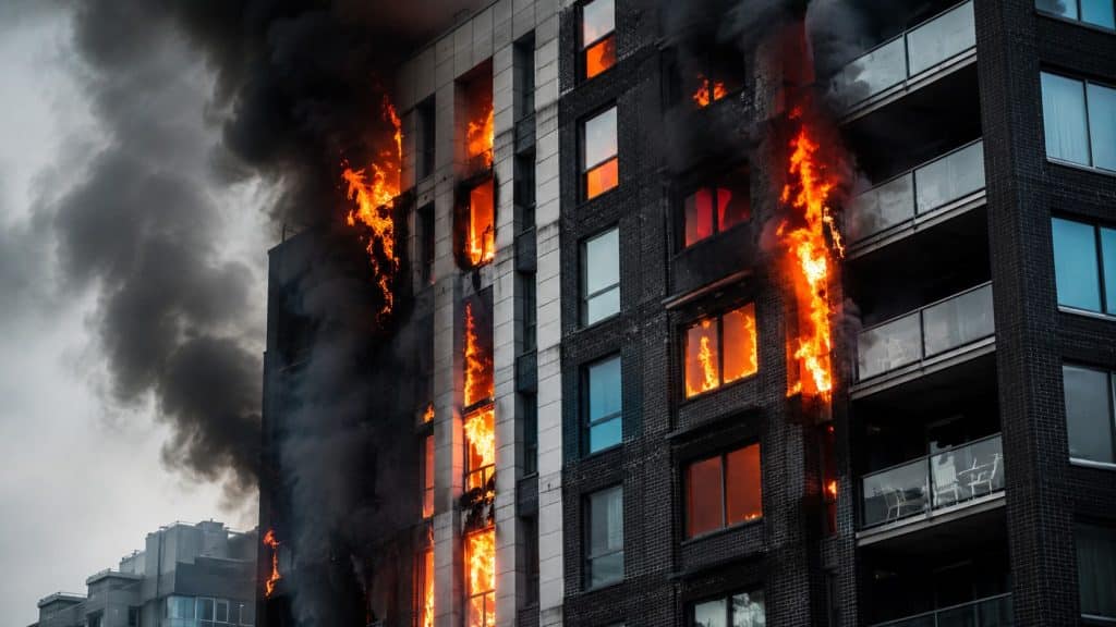 Urban tower engulfed by flames