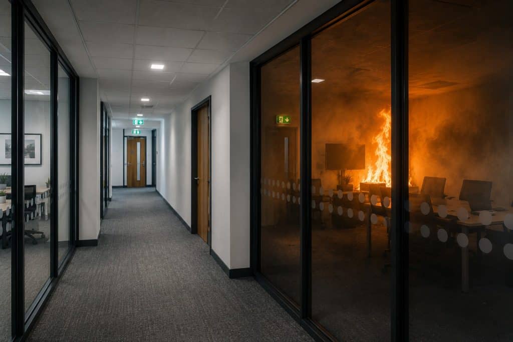 Modern office corridor with a fire contained inside a glass-walled room, illustrating how compartmentation helps restrict the spread of fire and smoke.