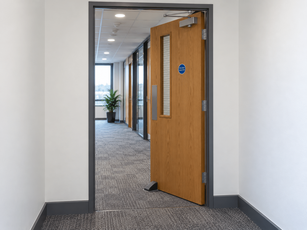 Wooden fire door propped open with a black door wedge in a modern office corridor, featuring a ‘Fire door keep shut’ sign, overhead door closer and glass-panelled offices, illustrating a common fire safety hazard.